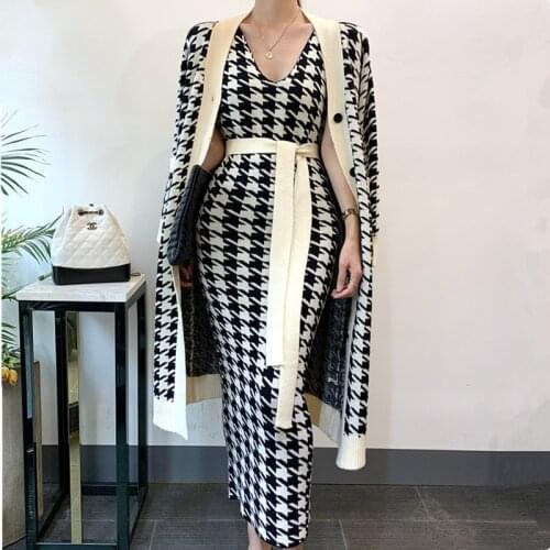 Women Houndstooth Cardigan Sweater 2021 New Autumn And Winter Sexy V-Neck Lace Up Long Vest Dress 2 Pcs Tracksuits Sweater Set
