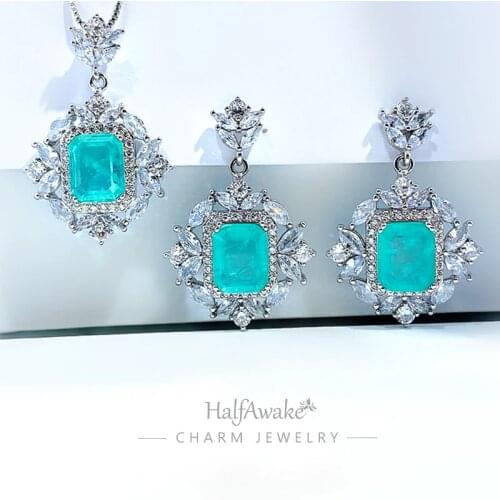 Colorful Gems Paraiba Tourmaline Womens Necklace Pendant Ring Jewelry Set Mothers Day Gift Womens Charm Jewelry Banquet Party