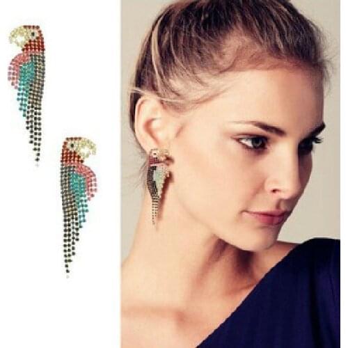 The wind exaggerated major suit retro color luxury full rhinestone Parrot Earrings For Women Crystal Tassel Stud Earring