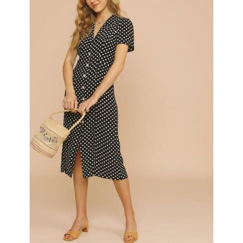 Polka Dot Print Women Midi Dress Lady 2021 Spring Summer Notched Single-Breasted Short Sleeve Mid-Length Dresses