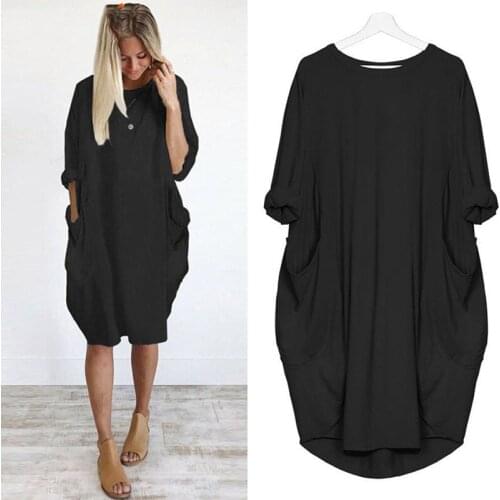 Ladies Crew Neck Casual Long Dress For Women Casual Beach Dress Oversized Womens Pocket Loose Dress Plus Size Big Dresses