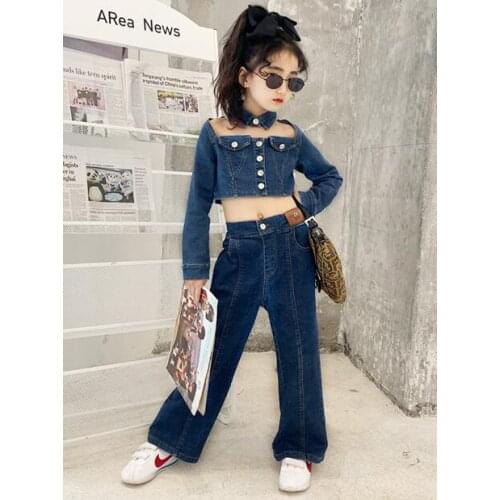 2020 new wholesale girls 2 pcs denim set coat+ wide pants fashion autumn girls suit 4-10t F735
