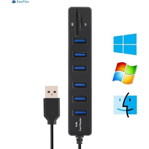 EastVita 6-Port USB 2.0 Data Hub 2 In 1 SD/TF Multi USB Combo with 3ft Cable for Mac, PC, USB Flash Drives And Other Devices r20