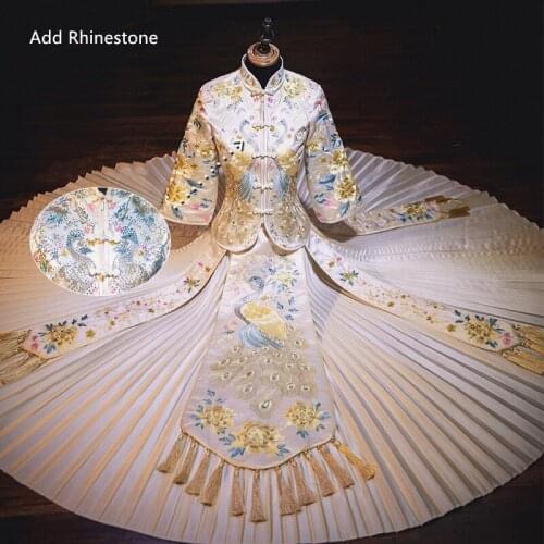 FZSLCYIYI Champagne Red Classic Oriental Style Peacock Women Cheongsam Suit Noble Bride Wedding Dress Embroidery Married Costume