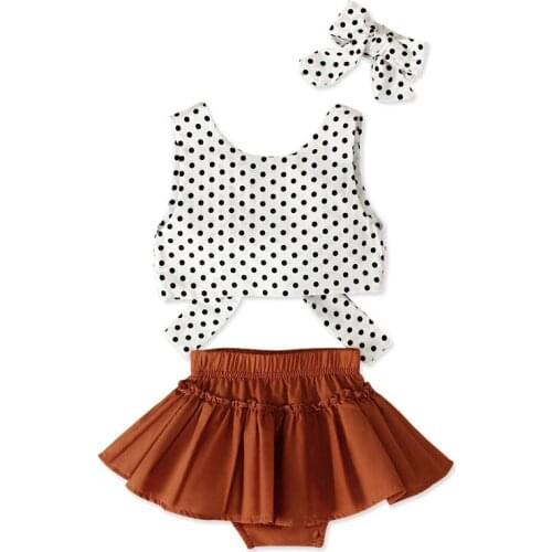 0-2Yrs Polka Dots Baby Girls Clothes Set Soft Sleeveless Bow Tops Tutu Shorts Headband 3Pcs Summer Kids Girls Clothing Outfits