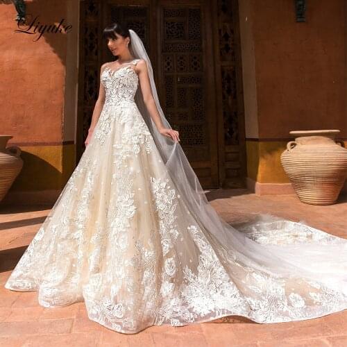 Buy 1 Get 1! Liyuke Embroidery Appliques A-Line Wedding Dress Princess Waistline Elegant Wedding Dress with Veil Gift