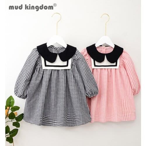 Mudkingdom Plaid Dress for Girls Casual Sailor Collar Long Puff Sleeve Spring Autumn Dresses Toddler Drop Shoulder Kids Clothes