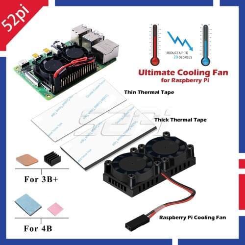 52Pi Newest Version! Dual Fan Heatsink With Double Cooling Fans For Raspberry Pi 4 Model B / 3 Model B Plus