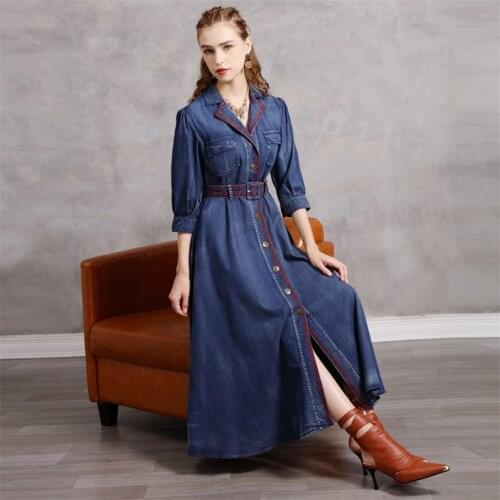 Autumn Denim Belt Pockets Dress 2020 Vintage Womens Embroidery Slim Dresses Female Turn-Down Collar Single Breasted Dress 82268