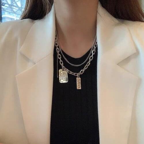 TIMEONLY Elegant Multi Layering Square Metal Letter Pendant Necklaces for Women Ladies Jewellery Chunky Cuban Chain Necklace