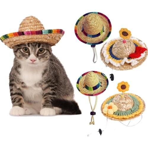 Pet Woven Straw Hat Cat Sun Hat Sombrero For Small Dogs Cats Beach Party Straw Hat Costume Accessories Pet Dog Cat Accessories