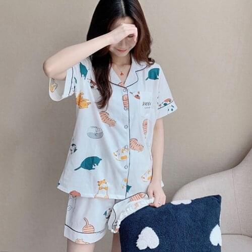 Japanese Style Women Summer Cotton Pajamas Set Kawaii Cartoon Meow Cat Short Sleeve Sleepwear Lapel V-Neck Loungewear