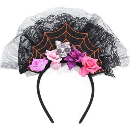 Adult Kids Day of The Dead Spiderweb Headband Artificial Flower Skull Halloween Hair Hoop Lace Mesh Cosplay Headpiece