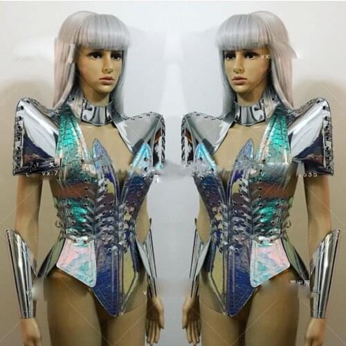 Future technology Men women space silver metal mirror silver leather costumes nightclub bar gogo female stage costumes