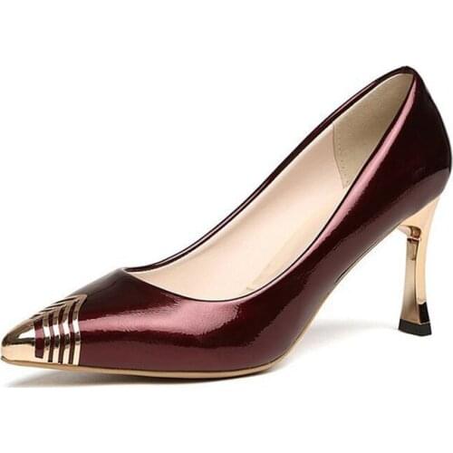 High-Heeled Shoes For Womens Spring New Metallic Pointed Toe Shallow Mouth Single Shoes Fashion Patent Leather Stiletto Wedding