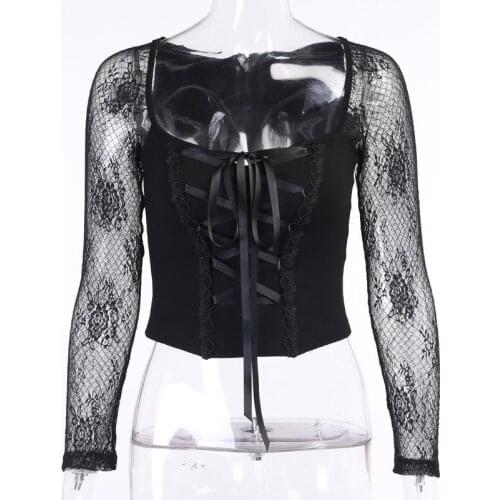 Goth Vintage Elegant Black Lace Up Gothic Top Sexy Mesh See Through Long Sleeve Women Autumn Hollow Out Bodycon Basic Top Goth