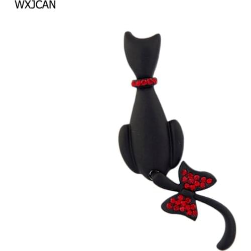 WXJCAN New fashionable tail of kitten can wag cat brooches female Metal inlay red rhinestone brooch cat enamel brooch pin B5079