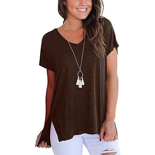 Women Loose Comfortable Hem Split Front Short Back Long Solid Color V-neck T-shirt Short Sleeves Summer T-shirt