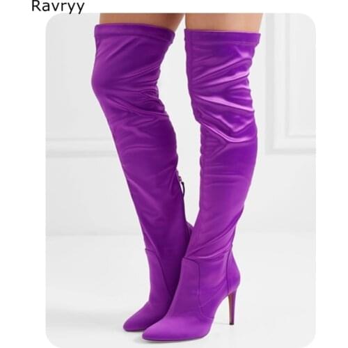 Purple Elastic Leather Woman Long Boots 2018 Autumn Winter Fashion Female Shoes Woman Over-the-knee Boots Pointed Toe Thin Heel