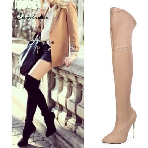Rumbidzo Women Boots Autumn Winter Slim Thigh High Boots Stretch Faux Suede Over the Knee Boots High Heels Plus Size 43