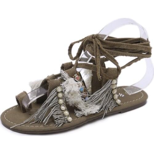 Female Beach Bind Shoes fasten women sandals Heel Bohemia Ethnic Style Chalaza flat Shoes Roman Sandals Artisanal Tassel Shoes