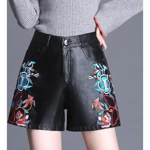 Spring Autumn Fashion High Street Womens Embroidery Black Pu Leather Shorts , Korea Female Woman 4xl Winter Embroidered Shorts