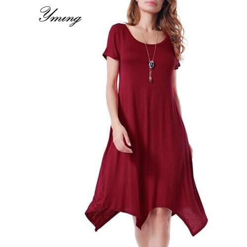 YMING Womens Fall Irregular Dress Pure Color Round Neck Pocket Dresses Short Sleeve Casual Midi Fashion Womens Dress