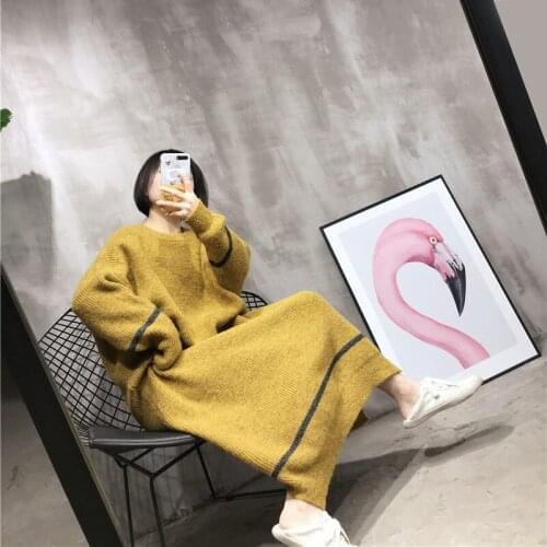 Original Sweater Dress Women Autumn and Winter Loose Large Size Lazy Wind Yellow Pullover Knit Dress Sweater Female Long f2372