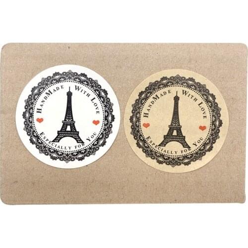 100Pcs/lot Round Handmade With Love Tower Design Kraft Label Sticker Creative DIY Decor Sticker Scrapbooking Baking Seal Sticker