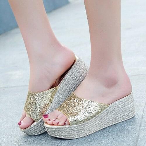 2020 Sandals Women Sequins Wedges Shoes Pumps High Heels Sandals Summer Flip Flop Chaussures Femme Platform Sandals NVLX115