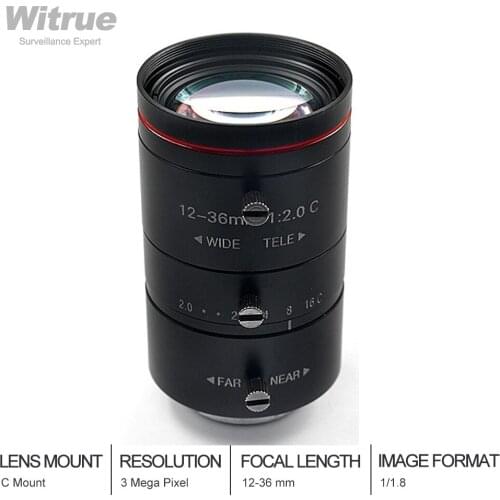 3MP CCTV Lens 1/1.8" C Mount 12-36mm Varifocal Lens F2.0 FA / Machine Vision lenses HD manual Iris CCTV lens Industrial