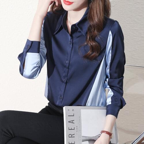 Stitching Womens Blouse Polo Girls Shirt New Casual Loose Long Sleeve Top Chiffon Plus Size Summer Lady Blusas Houthion
