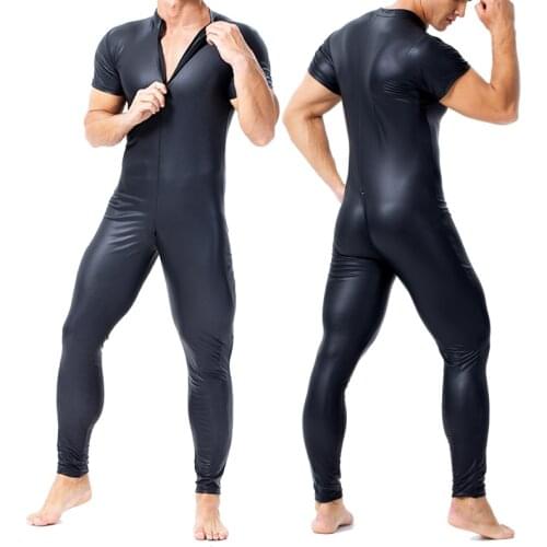 Faux Leather Mens WetLook Bodysuit Tight Undershirts Wrestling Gay Leotard Leather Catsuit Jumpsuit Zipper Clubwear Men Clothes