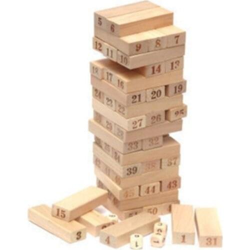 Pine Wooden Tower Toy Wood Building Blocks Toy Domino 54pcs Stacker Extract Building Educational Game Gift 4pcs Dice