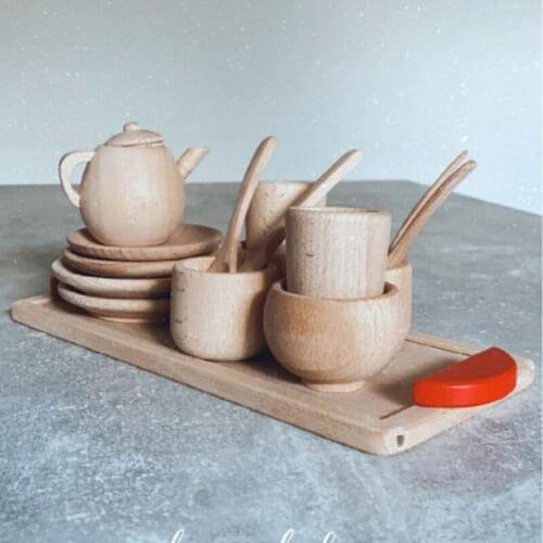 Wooden Tableware Kitchen Tools Tea Pot Cup Set Teatime Pretend Party Play Toy Dollhouse Miniature Accessories for Kids Gifts
