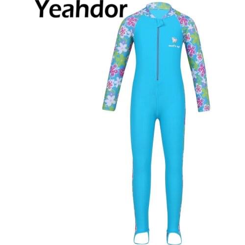 Kids Girls Surfing Swimwear Beachwear Flower Printed Long Sleeves Zipper Up Rash Guard Swimsuit Children Swimming Bathing Suits