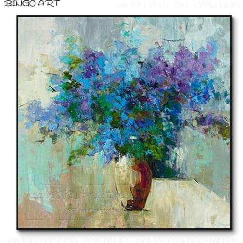 Beautiful Wall Art Hand-painted Vase Flower Oil Painting on Canvas Beautiful Abstract Vase Flower Picture Blue Flower Painting