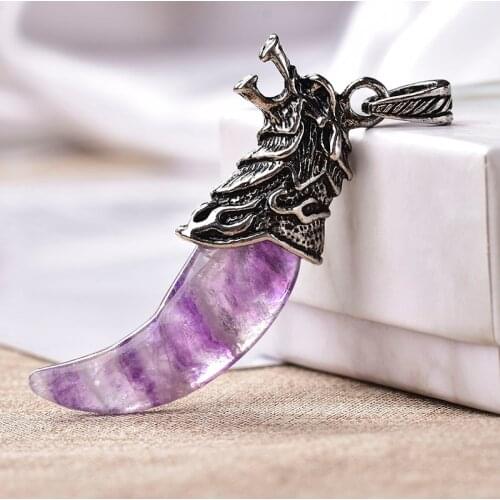 Natural Fluorite Pendant Wolf Tooth Quartz Retro Fashion Mineral Jewelry Amulet Healing Stone For Personality Unisex Charm Gift