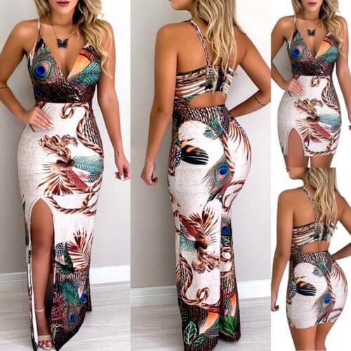 New Women Boho Floral Dress Sexy Ladies Sleeveless Bodycon Prom Evening Party Summer Beach Casual Long Sundress