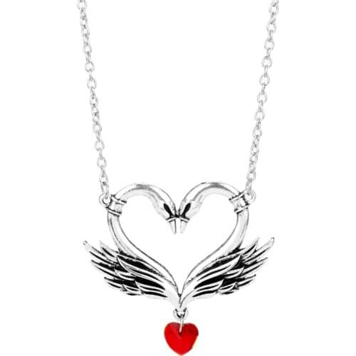 HEYu Lovers Necklace Animal Double Swan With Red Heart Pendant Necklace Sweater Chain Gothic Jewelry Colar