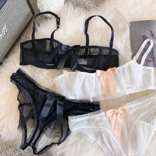 Wriufred Sexy mesh openwork lingerie set transparent temptation half-cup bra set bows gather women underwear plus size