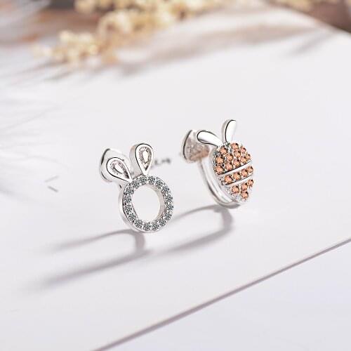 Cute Bunny and Carrot Girls Asymmetric Earrings Birthday Gift Animal Rabbit Studs with Gift Box Colorful Zircon Ornament