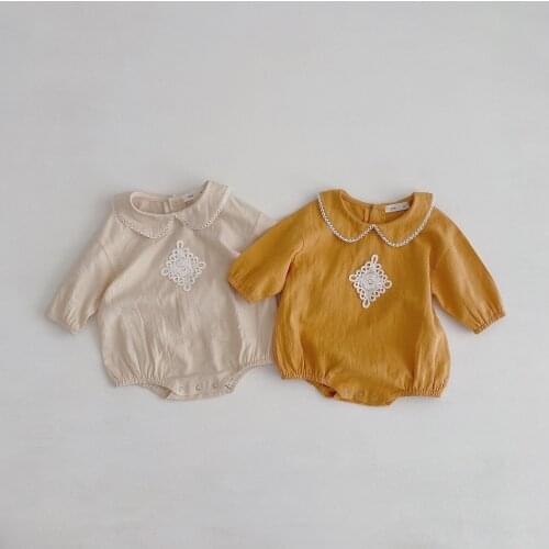Spring Autumn baby girls pure cotton lace flower bodysuits 0-2 years infants long sleeve doll collar coveralls