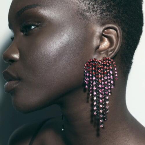 Vedawas Korean ZA Crystal Feather Long Fringed Drop Earrings for Women Wedding Jewelry Luxury Colorful Dangle Pendant Earrings