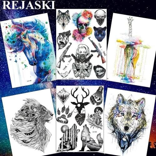 REJASKI Death Skull Elk Wolf Howl Gangsta Girl Temporary Tattoo Sticker Squirrel Fake Tatoo Forest AK47 Body Art Arm Custom Tato