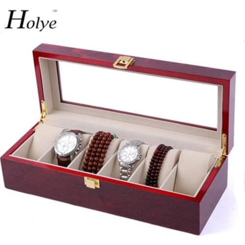 Red Wooden Watch Storage Case 6 Grids Watches Display Box Red Lacquer Jewelry Watch Boxes Fashion Watch Storage Gift Boxes