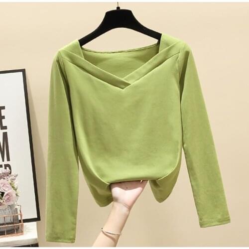 Spring New T Shirt Women V Neck Slim Thin Long Sleeve Casual Tops Female Solid Basic Simple Patchwork Stretch Tee T-Shirt Femme