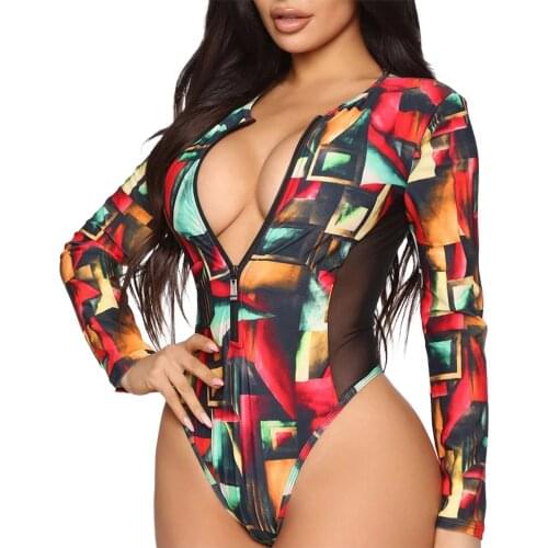 Womens Sexy Swimwear Zipper Long-Sleeved Colorful Tie-Dye Printed One-Piece Swimsuit Geometric print pattern Swimming Suit
