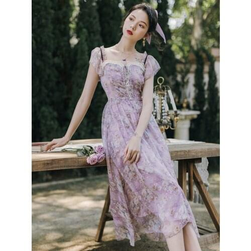 2021 Summer Women Romantic Long Mesh Dress Purple Floral Printed Feminine Gorgeous Fairy Dress Short Sleeve Elegant A-Line Dress