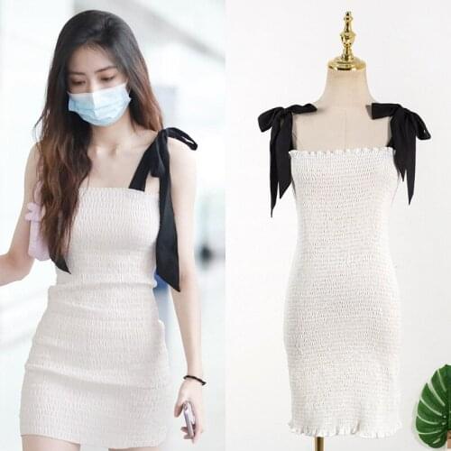 Kpop Seo Yea Ji IU Lee Ji Eun sexy off-shoulder Bow-knot sling dress women korean fashion backless High waist bag hip dresses